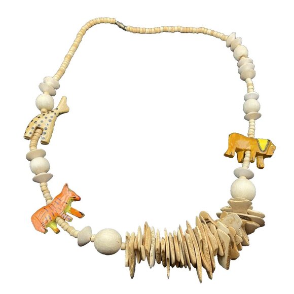Handmade Jewelry - Vintage Rustic African Necklace Hand Carved Wooden Animals Tiger Lion 30" LOOK